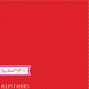 May include: Red fabric with a white polka dot pattern. The fabric has a label that says "Tiny Beastie" and "True Colors". The text "ALLI'S FABBIES" is at the bottom of the image.