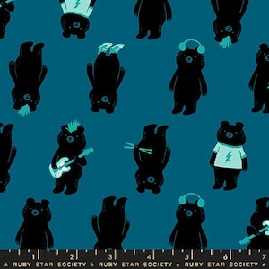 May include: A teal blue fabric with a repeating pattern of black bears playing musical instruments. The bears are wearing headphones, holding guitars, and playing drums.