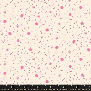 May include: Cream-colored fabric with a repeating pattern of pink shapes, including dots, dashes, and starbursts. The fabric has a playful, whimsical design. The text "RUBY STAR SOCIETY" is at the bottom.