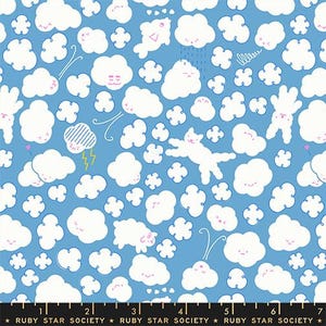 May include: Blue fabric with a repeating pattern of white cartoon clouds, wind lines, and a white cat. Some clouds have pink accents. The design includes rain, lightning, and the text "RUBY STAR SOCIETY" at the bottom.