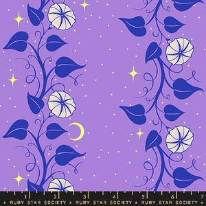 May include: Purple fabric with a repeating pattern of blue vines, white flowers, yellow stars, and a crescent moon. The design includes small white dots. The text at the bottom reads "RUBY STAR SOCIETY".