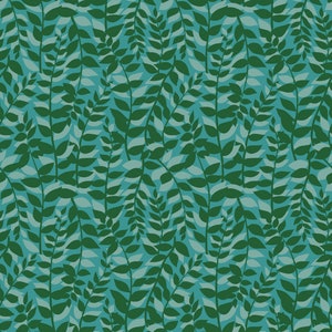 May include: A seamless pattern featuring dark green leafy branches on a light blue background. The leaves are stylized and create a repeating pattern.