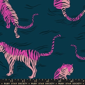 May include: A fabric pattern featuring stylized tigers in shades of pink and fuchsia against a dark teal background. The tigers have striped patterns and are depicted in various poses, with some partially visible. The text "RUBY STAR SOCIETY" is at the bottom.