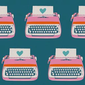 May include: A repeating pattern of pink typewriters with orange accents and white keys on a teal background. Each typewriter has a piece of paper with a teal heart on it.