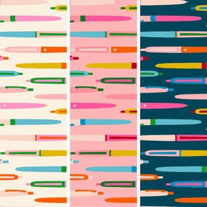 May include: A repeating pattern of colorful pens in pink, blue, yellow, and orange on three different backgrounds. The pens have a star detail and green, red, and blue accents. The backgrounds are cream, pink, and navy blue.