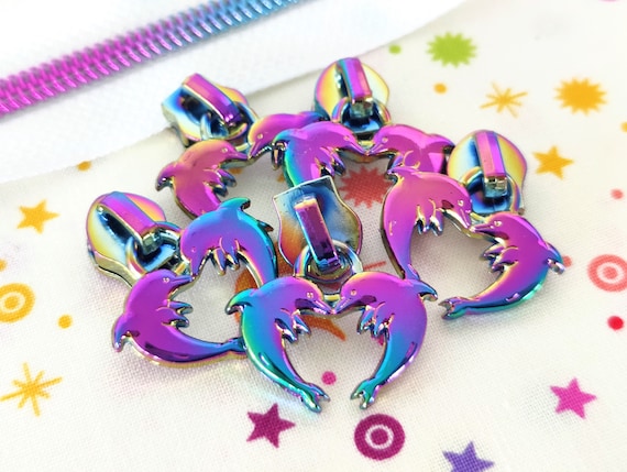 Rainbow Iridescent 5 Dolphin Love Metal Zipper Pulls Set of 