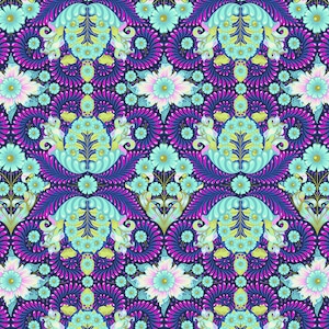 May include: A seamless pattern featuring a repeating design of stylized flowers in shades of blue, green, and white on a dark purple background.