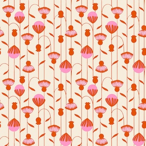 May include: A seamless pattern featuring a repeating design of pink and orange flowers with stems on a cream background.