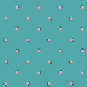 May include: A seamless pattern of pink peaches with green leaves on a teal background.