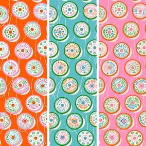 May include: A repeating pattern of colorful spools of thread on orange, teal, and pink backgrounds. Each spool features text like "Tightly Wound" and "Sew with Love," with a vintage aesthetic. The design is suitable for sewing and crafting projects.