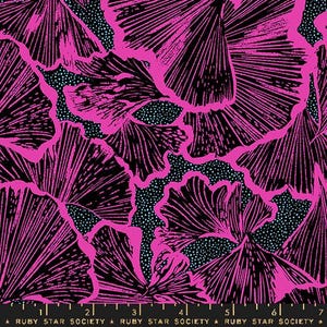 May include: A fabric pattern featuring large, stylized pink floral shapes with black outlines and a background of small blue dots. The design is repeated across the fabric, creating a bold and graphic look. The text "RUBY STAR SOCIETY" is at the bottom.