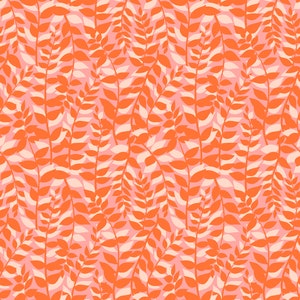 May include: A seamless pattern featuring orange and white stylized leaves on a pink background.