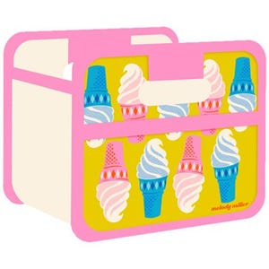 May include: A pink and cream-colored box with a yellow panel featuring ice cream cone illustrations. The cones are pink, blue, and white, with a pink border. The text "melody miller" is in the lower right corner.