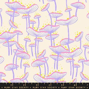 May include: A repeating pattern of stylized mushrooms in shades of lavender, pink, and yellow on a cream background. The mushroom caps are outlined in pink and have lavender gills. The stems are lavender. The design includes yellow speckles.