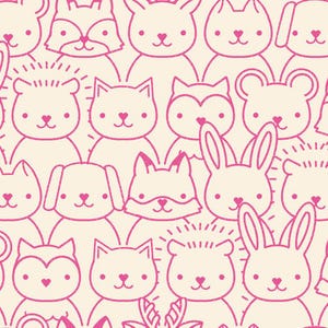 May include: A seamless pattern featuring various cute animals, including a fox, rabbit, cat, dog, hedgehog, and raccoon. The animals are outlined in pink and have simple facial features, creating a whimsical and playful design.
