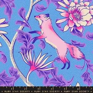 May include: A whimsical fabric design featuring a pink fox leaping amidst stylized purple foliage and flowers against a light blue dotted background. The design includes the text "RUBY STAR SOCIETY" at the bottom.