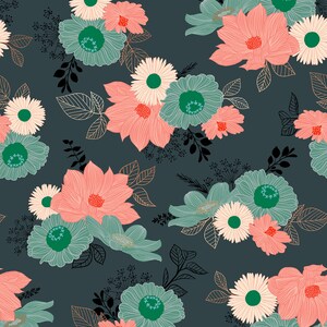May include: A seamless pattern featuring a variety of flowers in shades of pink, green, and white on a dark gray background. The flowers are stylized and have a delicate, hand-drawn look.