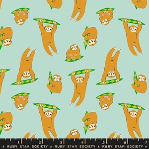 May include: A light blue fabric with a repeating pattern of brown sloths hanging from green leaves. The sloths are in various poses, some are hanging upside down, some are hanging right side up, and some are holding onto a surfboard.