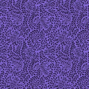 May include: A repeating fabric pattern featuring dark purple frogs nestled among dense, dark purple leafy branches against a vibrant light purple background. The design showcases multiple frog figures in various poses integrated into the foliage.