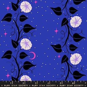 May include: A blue fabric with a floral pattern. Black vines with black leaves and white and purple flowers are arranged vertically. Pink stars, white dots, and a pink crescent moon are scattered across the background. The text "RUBY STAR SOCIETY" is at the bottom.
