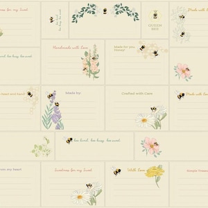 May include: A sheet of rectangular labels featuring various floral and bee illustrations. Each label includes blank lines for writing, with text such as Handmade, Made with Love, and Crafted with Care. The designs incorporate yellow, pink, and purple flowers.