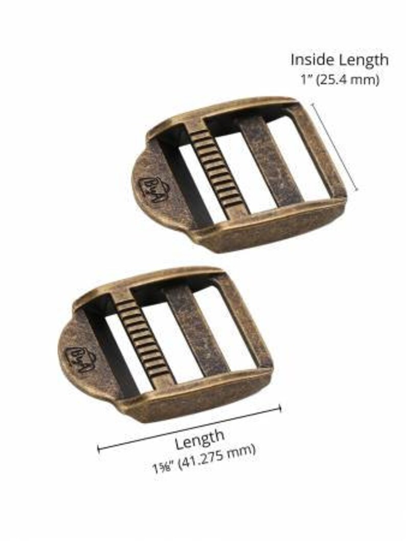 May include: Two antique brass-colored metal buckles. Each buckle has three rectangular openings and a central bar with ridges. The inside length is 1 inch (25.4 mm), and the length is 1 5/8 inches (41.275 mm).