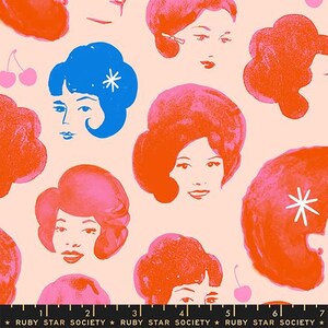 May include: A repeating pattern featuring stylized faces in shades of pink, orange, and blue on a light peach background. Some faces have large, bouffant hairstyles. The text "RUBY STAR SOCIETY" is at the bottom.