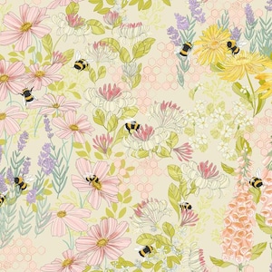 May include: A repeating pattern on a light cream background featuring pink cosmos flowers, tall peach foxgloves, purple lavender sprigs, and bright yellow daisies. Numerous black and yellow bumblebees are scattered throughout the floral design.