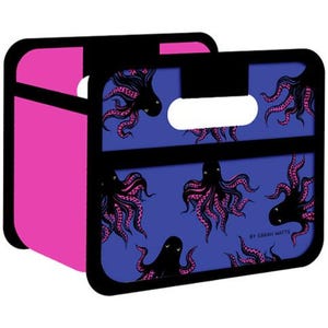 May include: A decorative storage box with a black frame and a pink side. The front and top feature a blue background with a repeating pattern of black octopuses with pink tentacles. The text "BY SARAH WATTS" is visible.