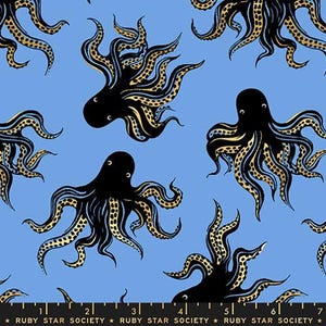 May include: A repeating pattern of black octopuses with gold-colored tentacles on a light blue background. The octopuses are stylized with rounded bodies and curved tentacles. The bottom of the image has the text "RUBY STAR SOCIETY".