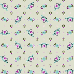 May include: A repeating pattern featuring floral and trophy motifs in shades of teal, purple, and green on a light beige background. The design includes stylized flowers, trophy emblems, and small floral accents, creating a decorative and whimsical aesthetic.