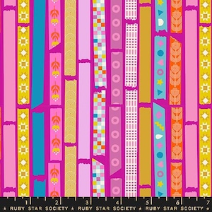 May include: A vibrant fabric pattern featuring vertical stripes in shades of pink, yellow, blue, and orange against a magenta background. The stripes have various decorative designs, including geometric shapes and floral motifs. The text "RUBY STAR SOCIETY" is at the bottom.