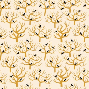 May include: A seamless pattern featuring black crows perched on bare branches of gold trees against a light beige background.