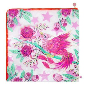 May include: A square, clear cosmetic bag with a vibrant design. The bag features a pink phoenix perched on a branch with pink flowers and green leaves. Pink stars are scattered across the white background. The bag has a red trim and a pink zipper.