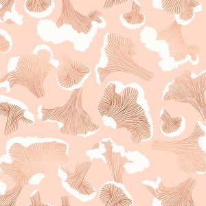 May include: A seamless pattern featuring a repeating design of brown mushrooms with white outlines on a light pink background.