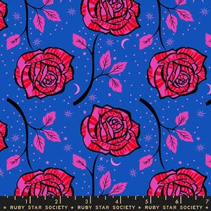 May include: A repeating pattern featuring large pink roses with black outlines on a blue background. The design includes pink leaves, crescent moons, and star-shaped accents. The text "RUBY STAR SOCIETY" is at the bottom.