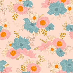 May include: A seamless pattern featuring a repeating design of pink, white, and blue flowers with gold leaves on a light pink background.