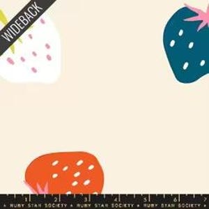 May include: Wideback fabric with a cream background and colorful strawberry illustrations. The strawberries are in shades of white, orange, and teal, with pink and green accents. The fabric has a repeating pattern of the fruit.