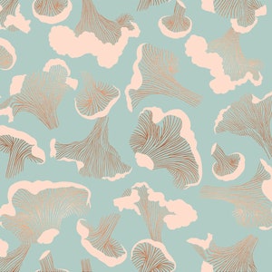 May include: A seamless pattern featuring a repeating design of stylized mushrooms in shades of peach and copper on a light blue background.
