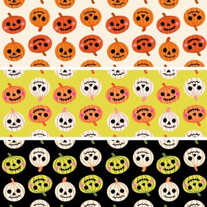 May include: A repeating pattern of jack-o'-lanterns arranged in three horizontal sections. The top section features orange pumpkins on a cream background. The middle section displays orange and white pumpkins on a lime green background. The bottom section shows lime green and white pumpkins on a black background.