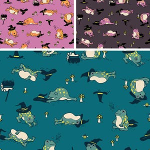 May include: A repeating pattern featuring cartoon frogs wearing black witch hats, small mushrooms, and cauldrons. The design is presented in three color variations: a pink background, a dark gray background, and a teal background.
