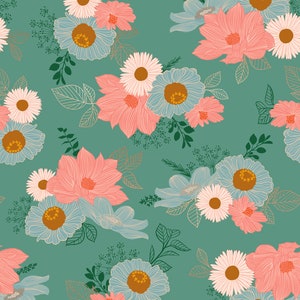 May include: A seamless pattern featuring a variety of flowers in shades of pink, blue, and white on a teal green background. The flowers are arranged in a repeating pattern, creating a floral design.