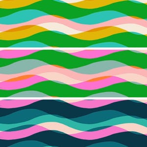 May include: Abstract pattern featuring overlapping wavy lines in shades of green, teal, pink, gold, and cream. The design is divided into three horizontal sections, each with a unique color combination. The overall aesthetic is modern and vibrant.