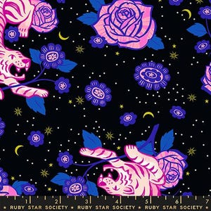 May include: Black fabric with a repeating pattern of pink and white tigers, pink and blue roses, blue flowers, yellow stars, and crescent moons. The text "RUBY STAR SOCIETY" is at the bottom.