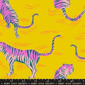 May include: A fabric pattern featuring stylized tigers in pink and teal stripes on a yellow background. The tigers are in various poses, with some partially visible. The design includes orange wavy lines. The text "RUBY STAR SOCIETY" is at the bottom.