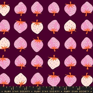 May include: A repeating pattern of strawberries in shades of pink and cream with orange stems and seeds on a dark purple background. The text "RUBY STAR SOCIETY" is at the bottom of the image.