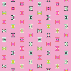 May include: A seamless pattern with a pink background and repeating geometric shapes in various colors, including teal, yellow, green, pink, and black.