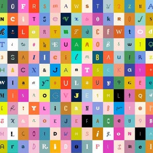 May include: A colorful grid of squares, each with a different color and a letter or symbol. The letters and symbols are in various fonts and sizes, creating a vibrant and playful design. The overall theme is abstract and artistic.