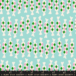 May include: A repeating pattern of candy cane-shaped designs in pink, green, and white on a light blue background. The design is a diamond pattern with alternating colors.