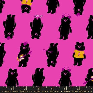 May include: A pink fabric with a repeating pattern of black bears in various poses. Some bears are wearing headphones, playing guitars, or have mohawks. The fabric has a repeating pattern of black bears in various poses. Some bears are wearing headphones, playing guitars, or have mohawks.